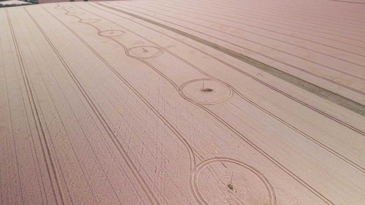 Ripresa aerea dall'alto di motivi geometrici in campi agricoli con pali di servizio nell'Essex, Inghilterra. Utile per temi di sostenibilità e infrastrutture