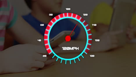 Animation-Eines-Tachometers,-Der-177-Km/h-Anzeigt,-über-Kindern,-Die-In-Der-Schule-Smartphones-Benutzen