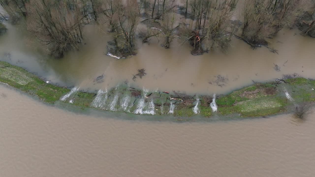 Aerial of flood water in river Waal, Gorinchem, Netherlands