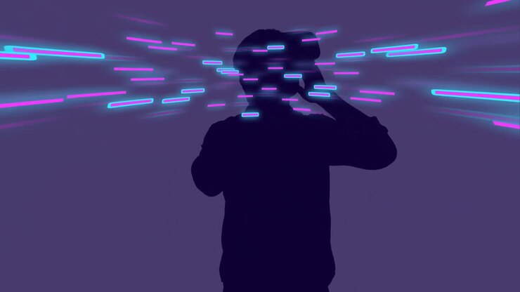 Animazione di scie luminose di trasferimento dati su un uomo con visore VR.