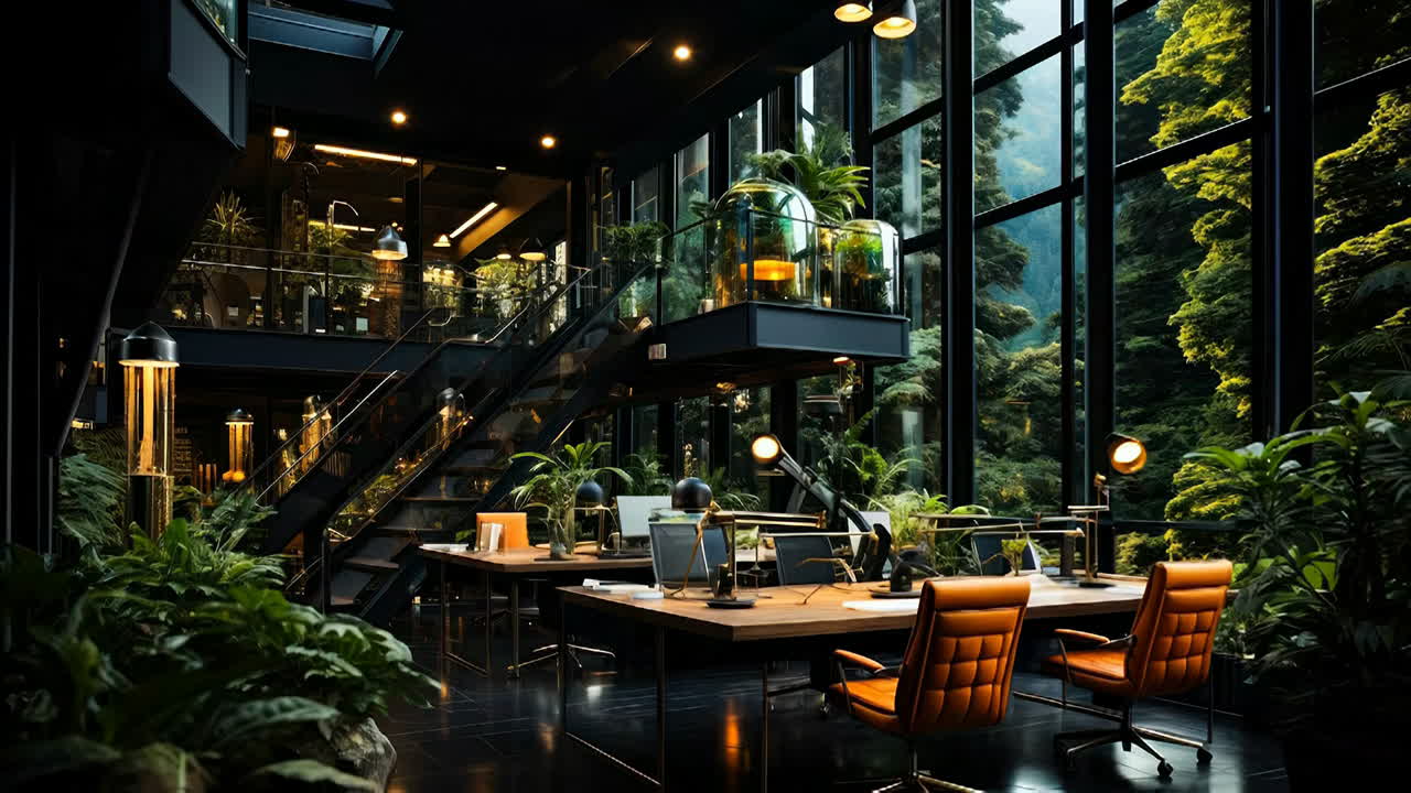 Moderne arbejdsområde med planter og glas. To etager af et arbejdsområde er fyldt med planter og naturligt lys
