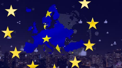 animation of europe and eu flag over data processing and cityscape