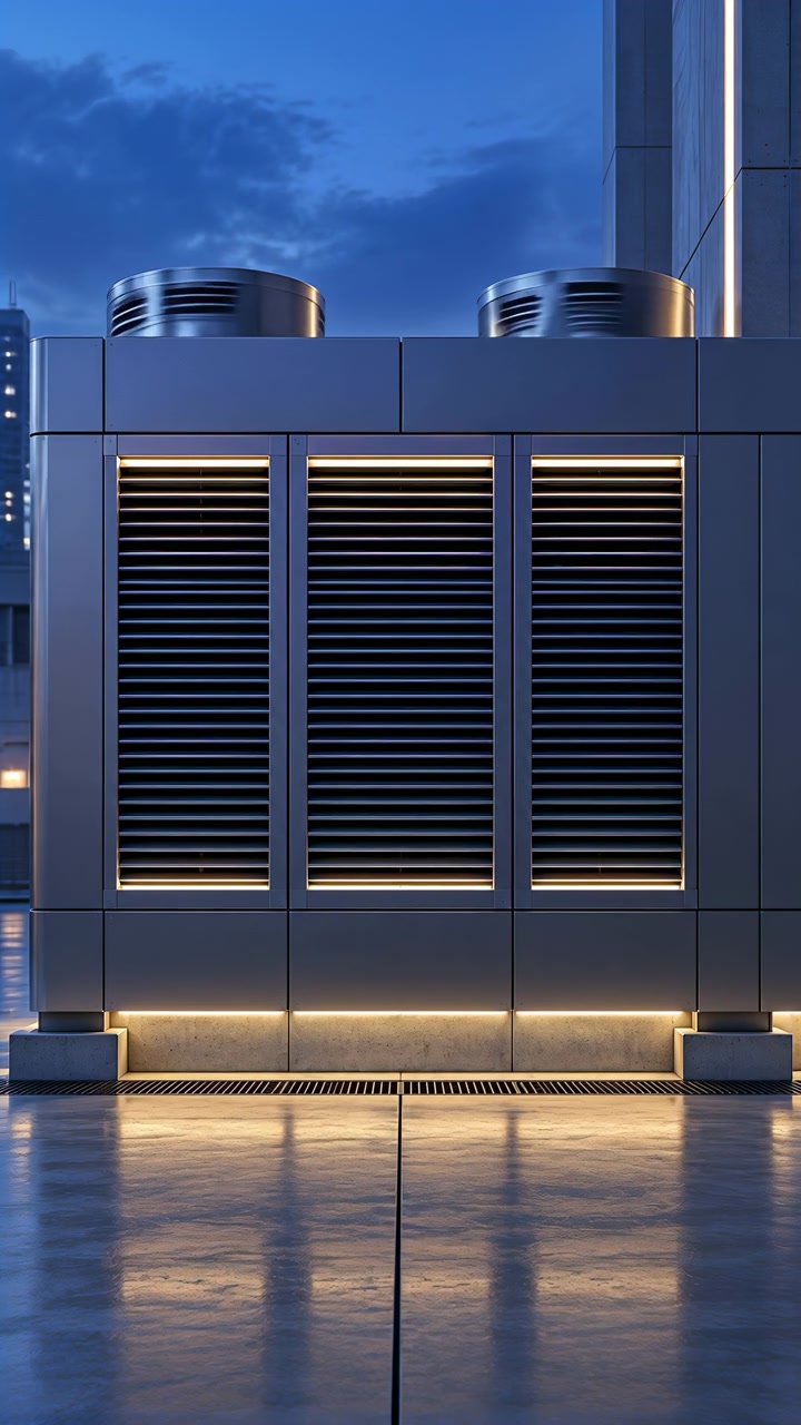 Front-facing mechanical ventilation unit remains centered beside modern building facade, with three louvered panels and warm base lights reflecting on smooth paving under cloudy blue dusk sky.