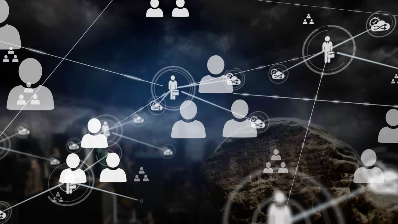 Animation of network of connections with icons over cityscape