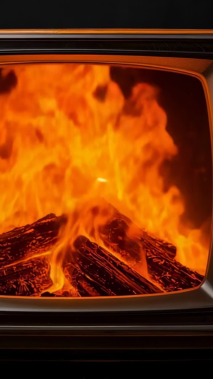 Video verticale: Ceppi che bruciano con fiamme arancioni tremolanti all'interno dell'apertura di una cornice metallica, consumando il legno.