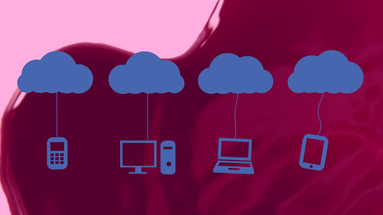 animación de nubes con dispositivos tecnológicos sobre sangre humana en fondo rosa
