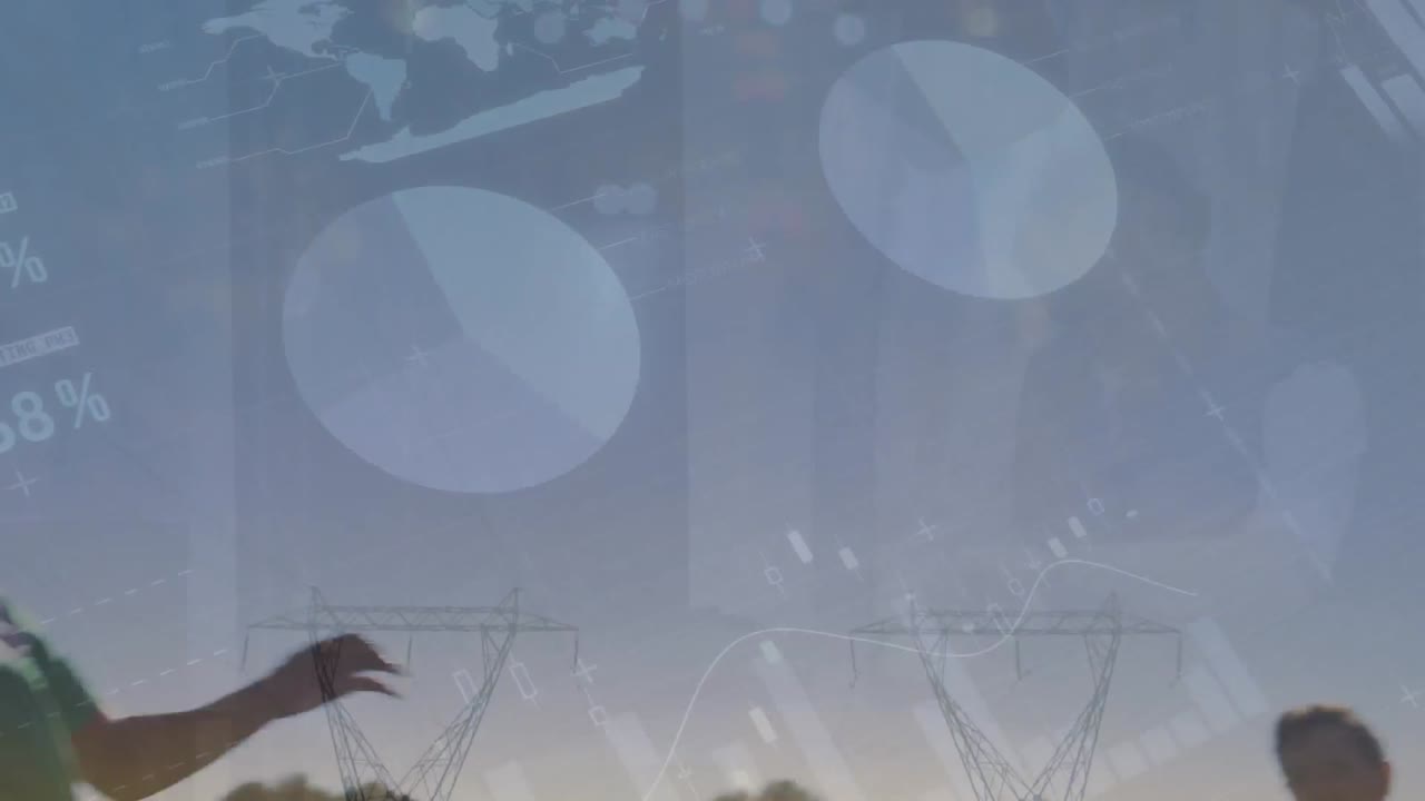 다양한 남성 축구 선수와 해가 지는 전기 기둥에 대한 그래프와 데이터의 애니메이션.