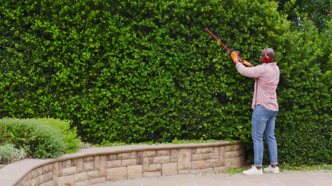 Adult African man raising long red trimmer, trimming hedge on paved backyard patio, copy space