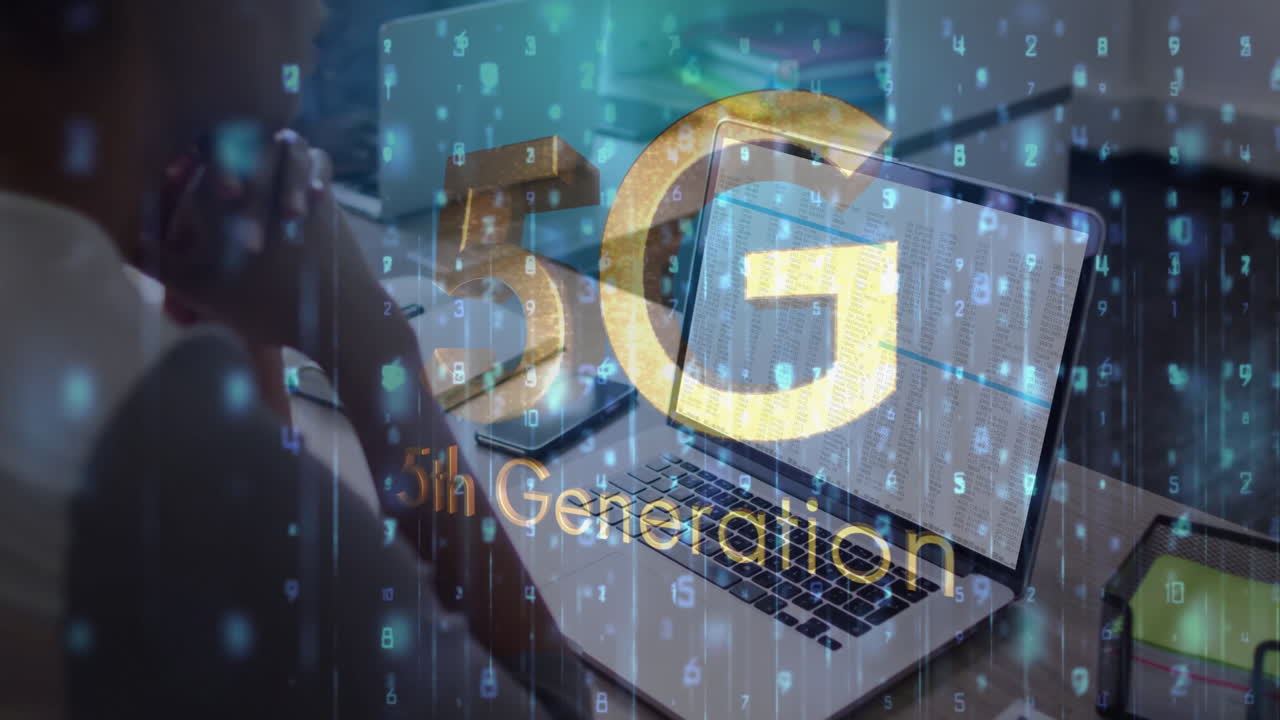 5G technology animation over person working on laptop with data processing