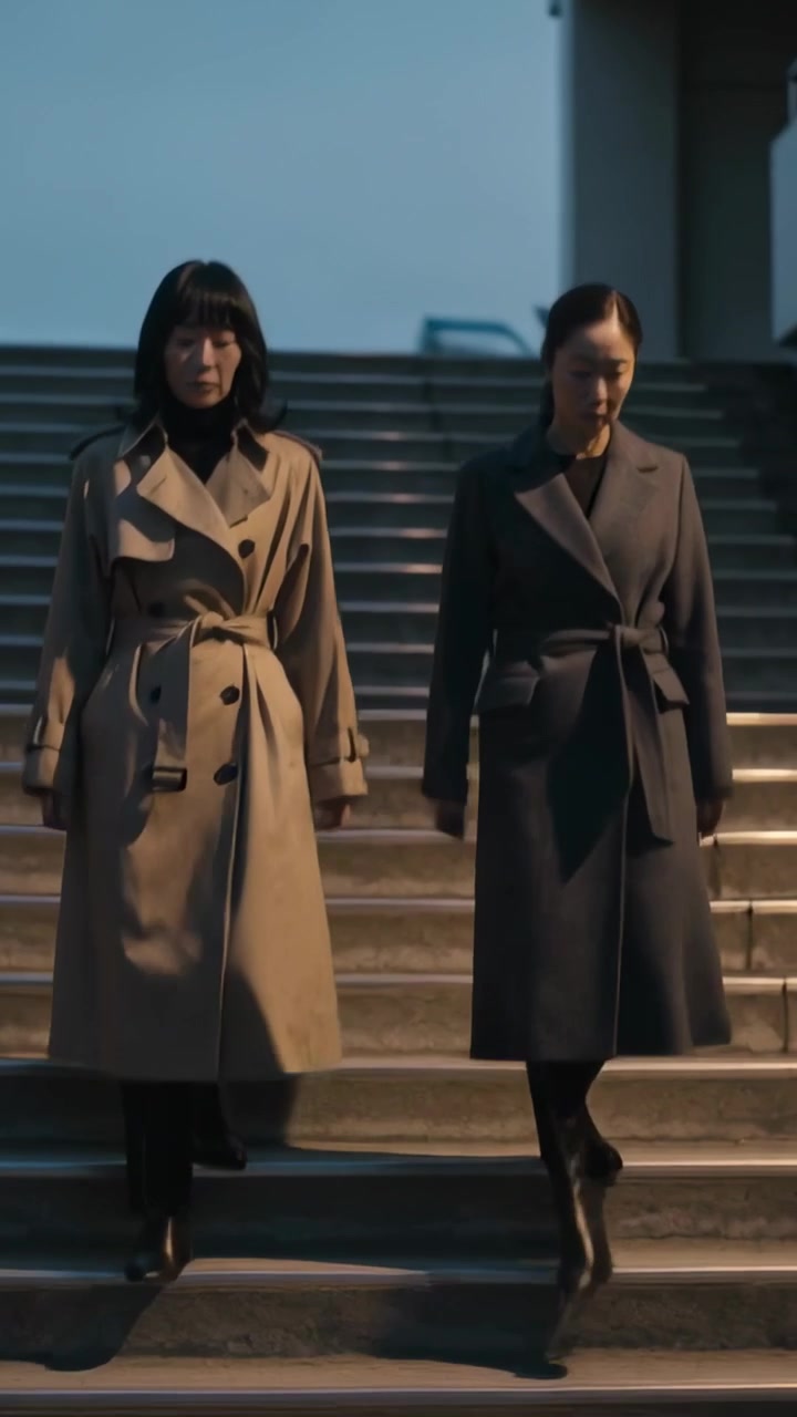 Video verticale: Due donne che camminano e iniziano a scendere scale di cemento all'imbrunire, indossando cappotti con cintura