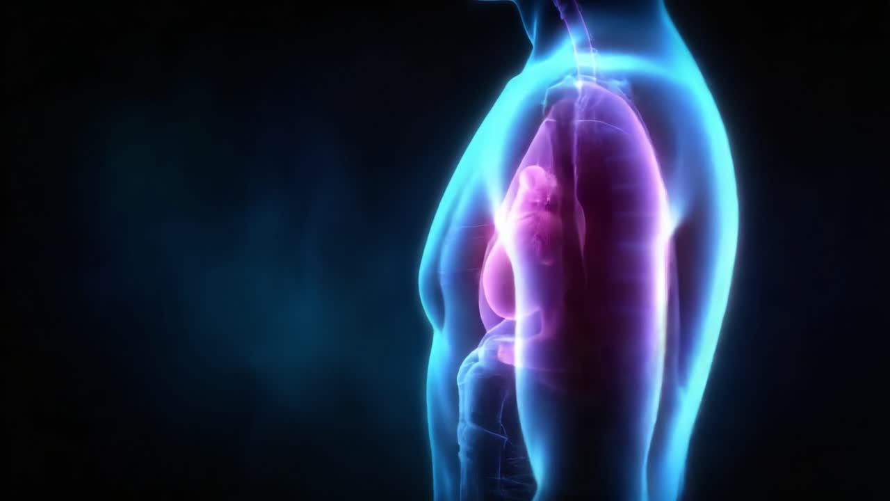 Ilustración anatómica de la cavidad torácica humana destacando los pulmones y el corazón con acentos luminosos y un fondo oscuro para una mayor claridad.