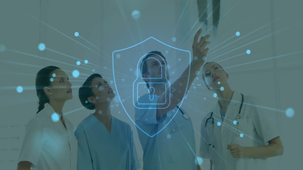 Medical professionals examining X-ray with cybersecurity shield animation over them