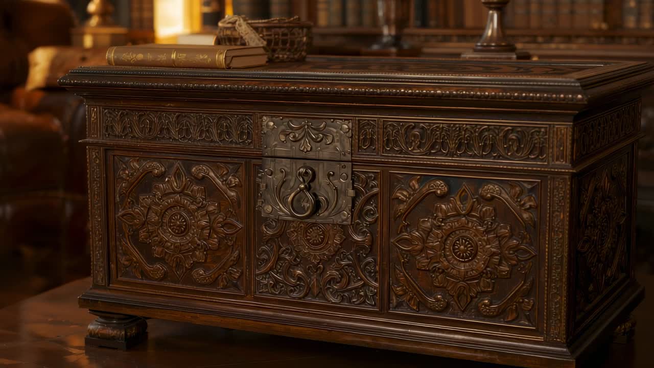 Shifting ambient light highlighting carved chest in richly furnished study, revealing floral motifs