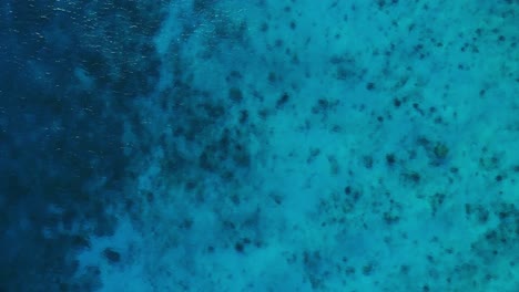 crystal clear turquoise caribbean sea drop-off to deep blue coral, drone rising, bird's eye view