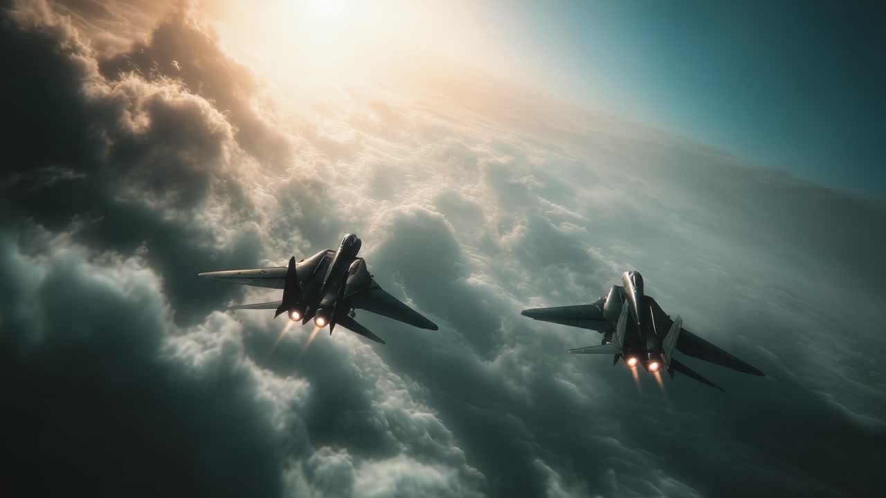 To jagerfly svever over skyene, opplyst av solnedgangens forlokkende glød, og viser aerodynamisk storhet og ingeniørkunst i særklasse