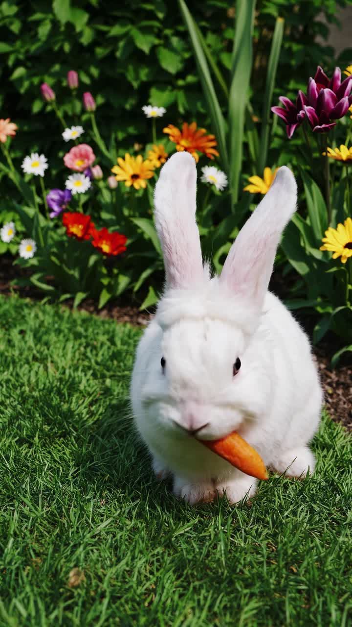 Un video ravvicinato con un determinato angolo della camera riprende un coniglio bianco che sgranocchia una carota in un giardino vivace