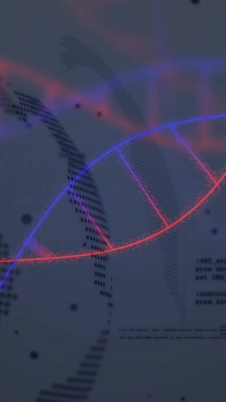 Animazione di filamento di DNA e codifica binaria su mappa del mondo e elaborazione dati.
