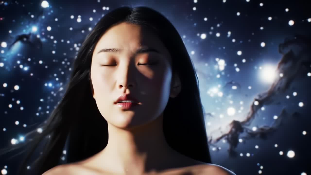 A Captivating Cosmic Journey: A Portrait of a Young Woman Gazing Into the Infinite Depths of Space, Surrounded by Stars and Galaxies, Reflecting Wonder and Contemplation