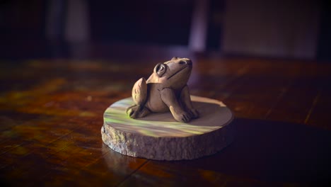 sandstone frog sculpture sitting on wooden presentation base illuminated with colorful lights. close up