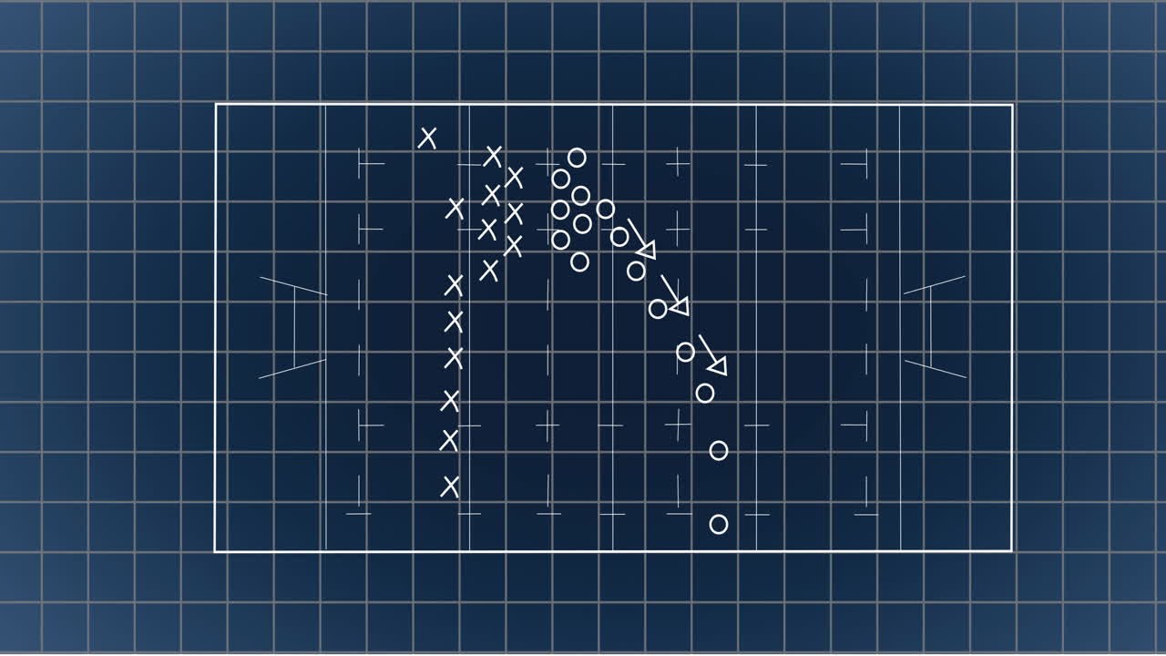 Animation of x, arrows and circles symbols on sports court with grid pattern over black background