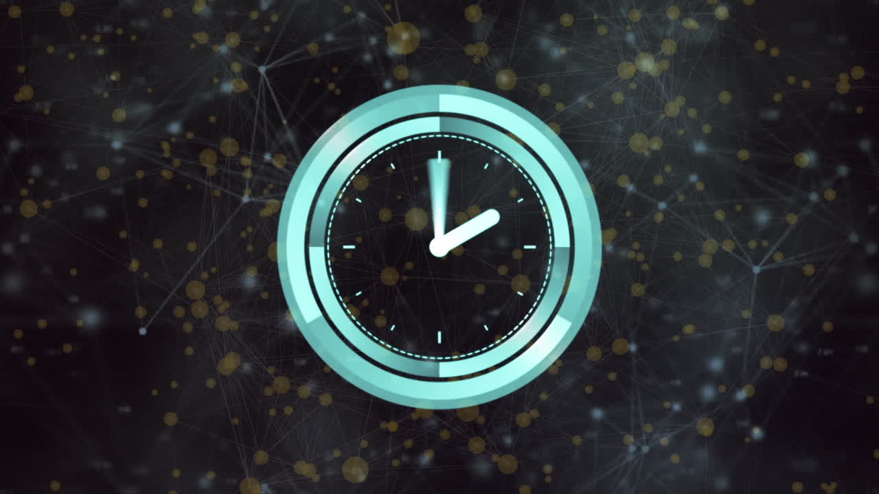 Animation of clock moving fast over network of connections with glowing spots