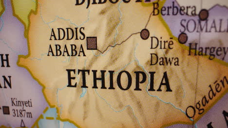 close-up view of a map showing ethiopia and surrounding countries