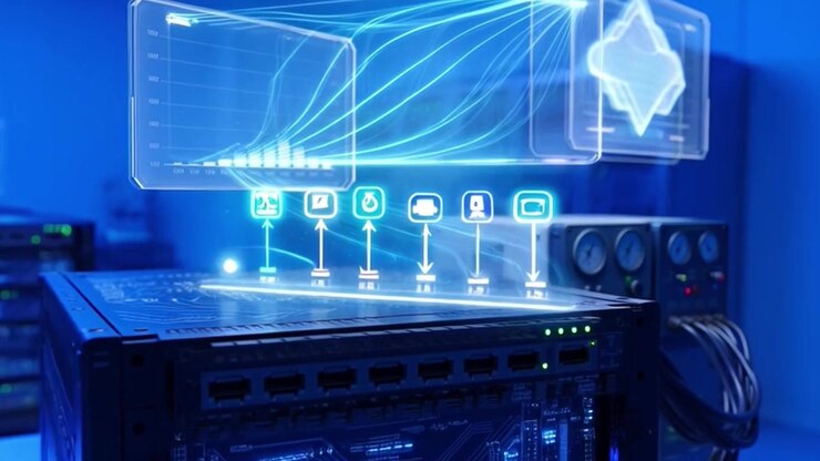 Data Center Server Rack with Digital Cloud Computing Holographic Interface