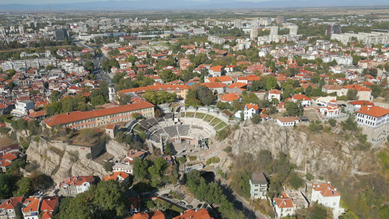 Ancient Roman Amphitheatre In Plovdiv Old Town Bulgaria Drone Pullback 4K 60FPS