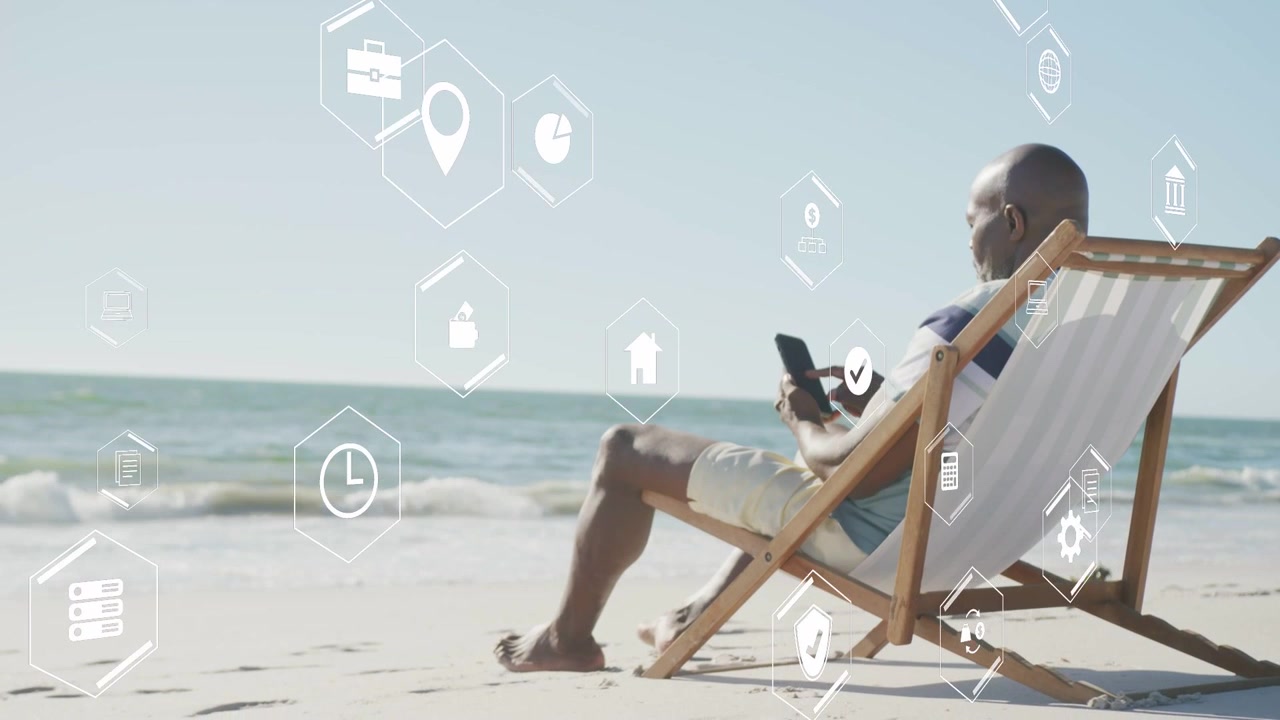 Senior man sitting beach chair, tapping phone, sparking tech icons peaking or fading for finance