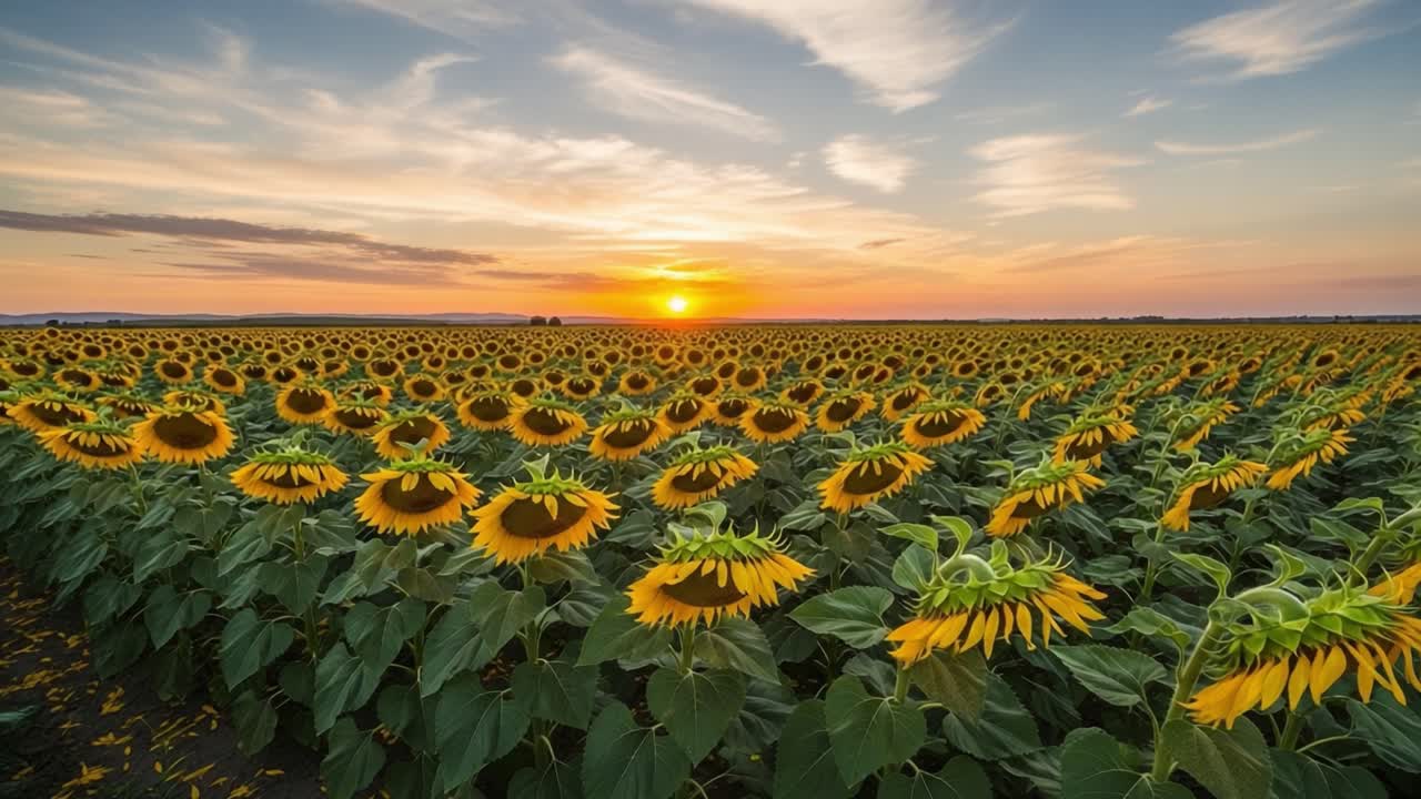A Breathtaking Sunset Over a Field of Sunflowers, Capturing Nature's Beauty and the Golden Glow of the Sky Amidst Vibrant Yellow Blooms and Lush Green Foliage