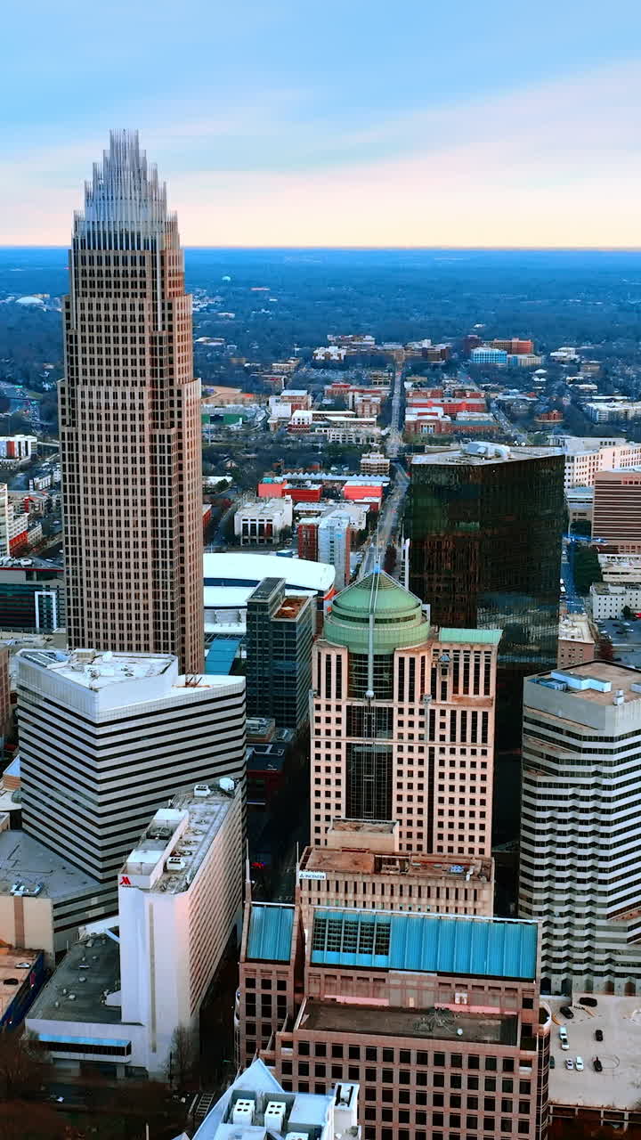 Quartiere residenziale di una città americana con splendidi grattacieli al centro. Veduta dall'alto di Charlotte, Carolina del Nord, Stati Uniti. Video verticale