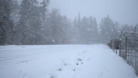 heavy snowfall on small town road as car drives by