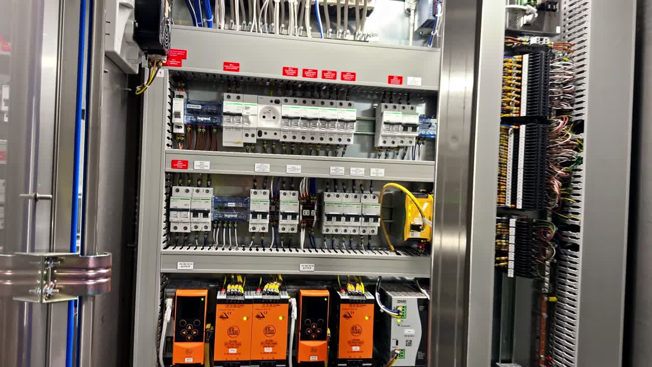 Close-up of an open control panel with electrical components visible ...