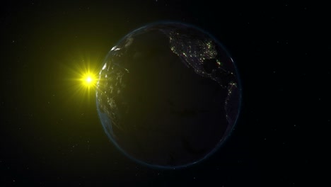 realistic earth, rotating in space against the background of the starry sky and the sun (loop)