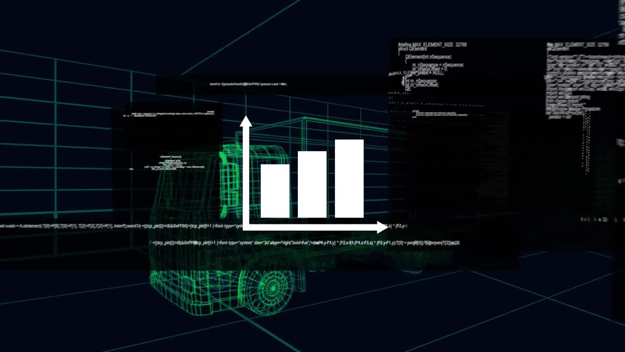트럭과 그리드의 3d 드로잉 모델에 대한 통계의 애니메이션