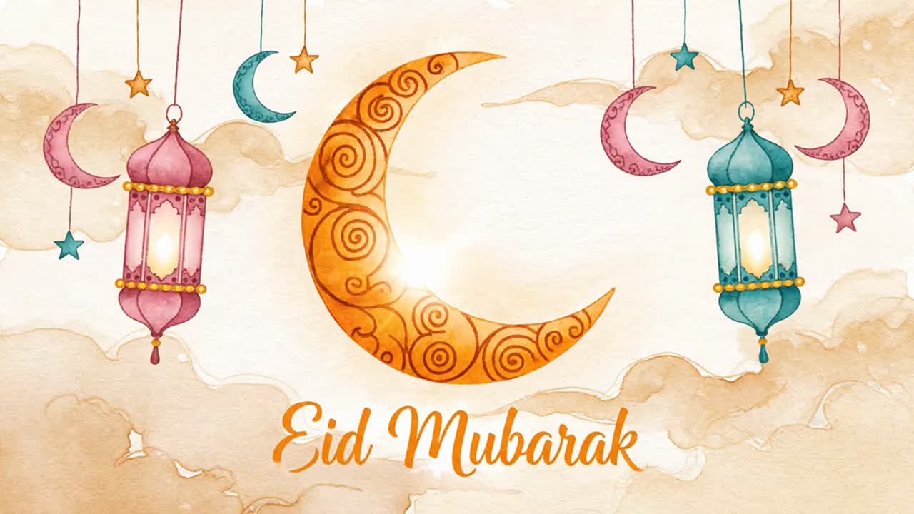 Animazione di auguri per l'Eid Mubarak ad acquerello con luna e lanterne