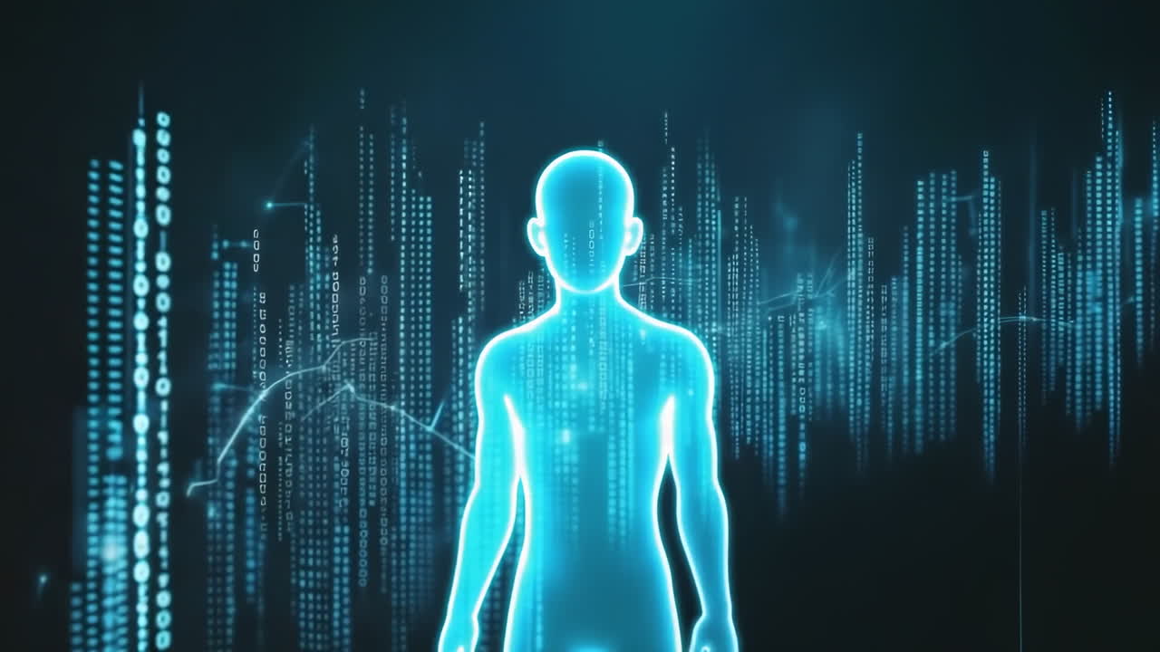 Digital Human Figure with Binary Code Background