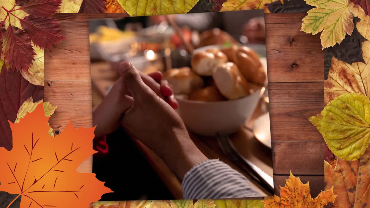 Animación de hojas de otoño y gente dando gracias en una cena de pavo de Acción de Gracias