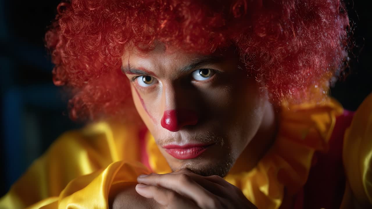 Intense Focus of a Clown: A Close-up Portrait Highlighting Emotional Depth through Expression, Costume, and Unique Makeup in the Spotlight's Glow