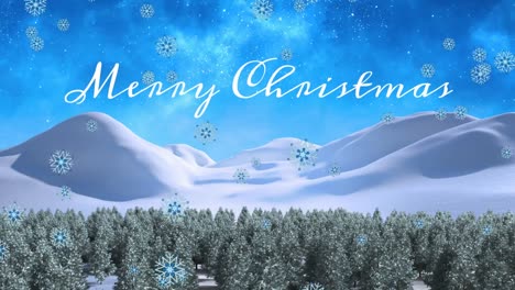 Animation-of-christmas-greetings-text-over-snow-falling-in-winter-scenery