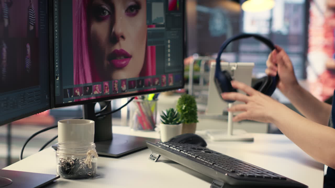 Female graphic designer editing photos on a modern computer setup