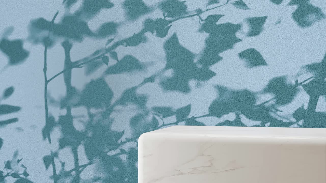 파란색 배경에 가지의 그림자를 가진  대리석 기단