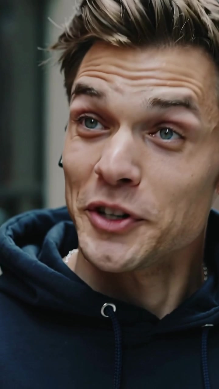 Video verticale: Uomo con felpa con cappuccio che inserisce un auricolare nero nell'orecchio all'esterno, controllando il suono.