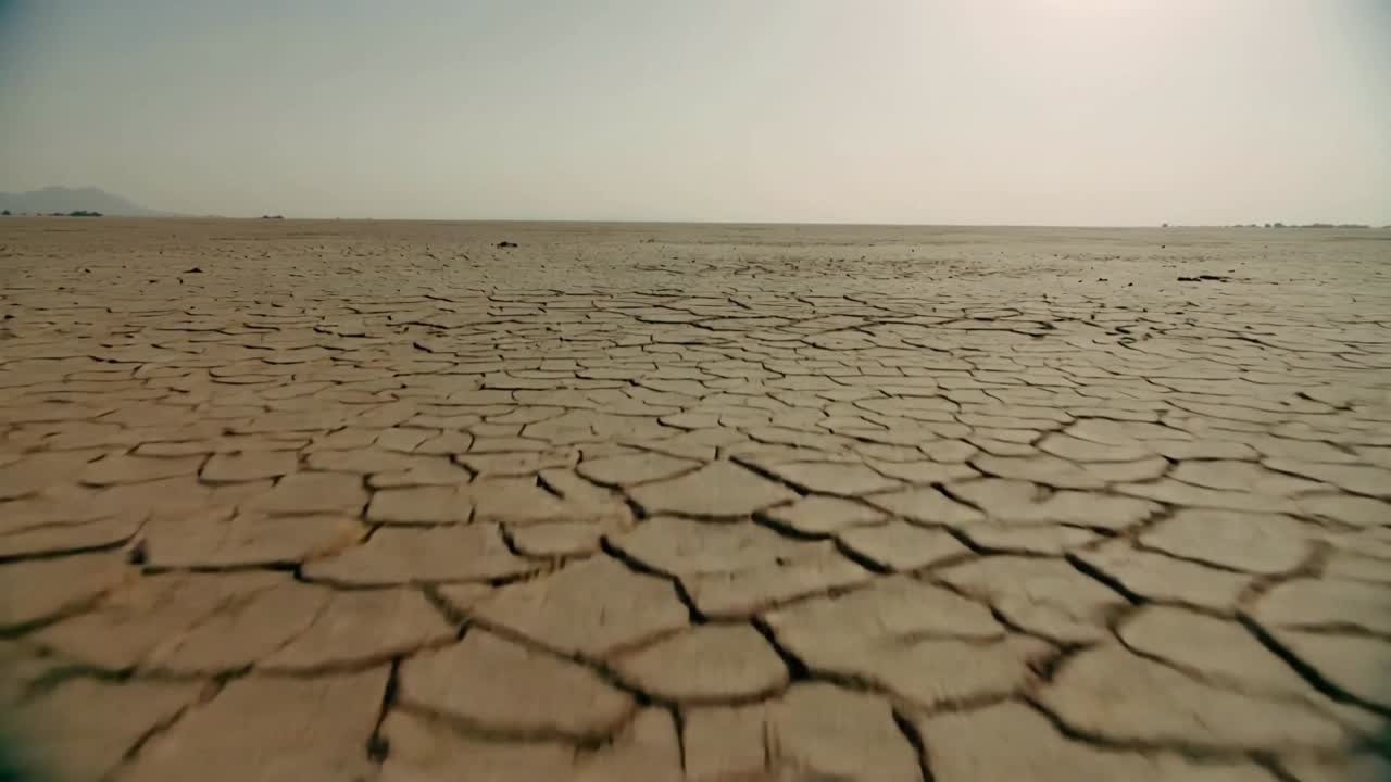 Telecamera che si allontana rivelando il terreno crepato di un lago prosciugato, con rocce sparse e colline distanti.