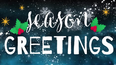 season greetings text animation over snowflakes on dark blue background