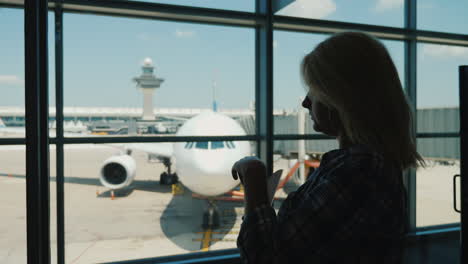 Silhouette-Einer-Frau-Am-Fenster-Eines-Flughafenterminals,-Die-Snacks-Isst,-Während-Sie-Auf-Einen-Flug-Wartet