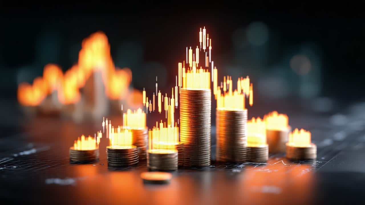 A Captivating Visualization of Financial Growth and Trading Dynamics: Explosive Candy-Like Light Peaks Emerging from Stacks of Gold Coins in a Darkened Background
