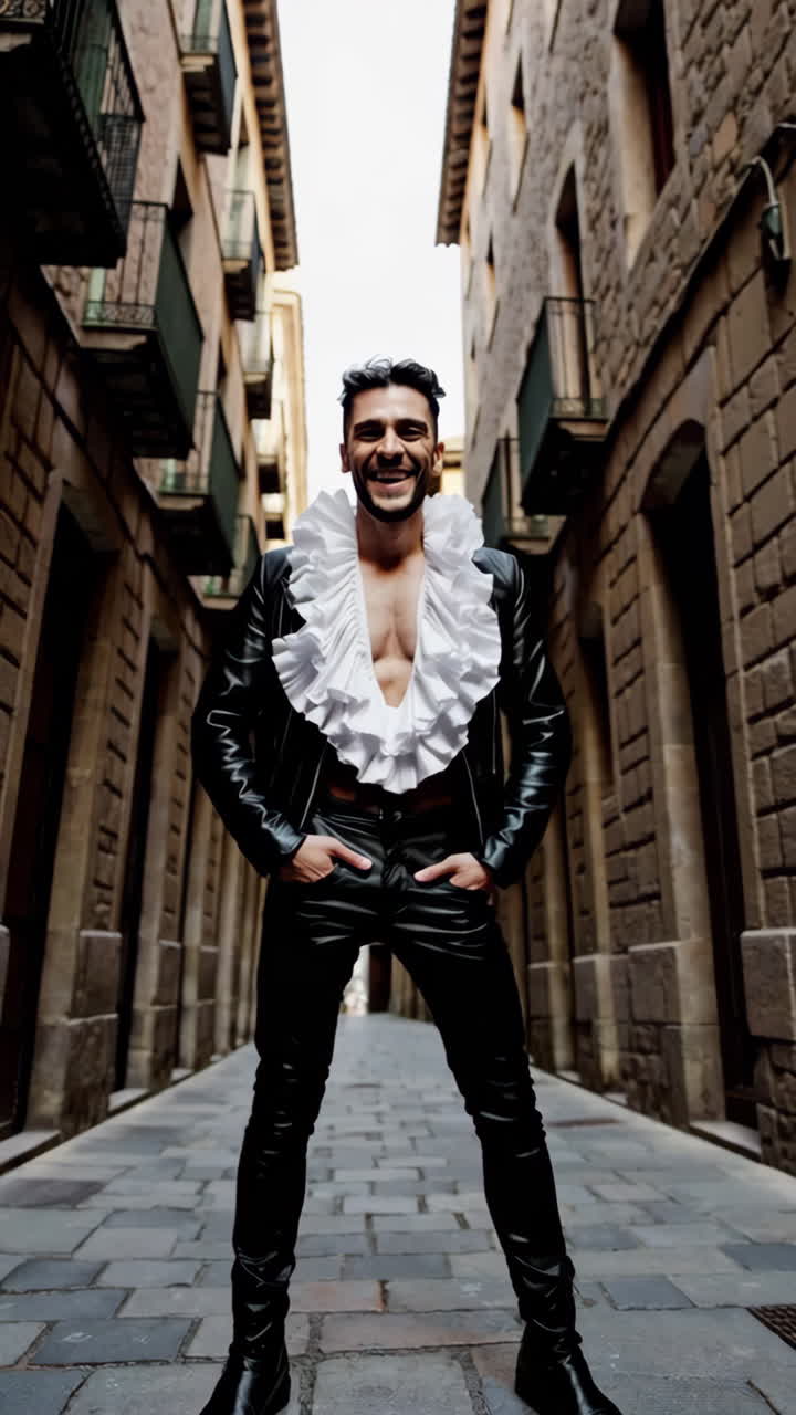 Stylish Man in Black Leather Outfit in an Urban Alley