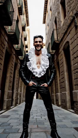 stylish man in black leather outfit in an urban alley