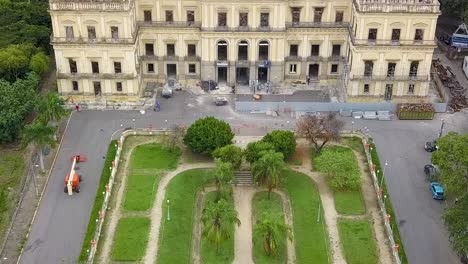 Aerial-view-of-garden-and-top-of-the-nacional-museum-of-Rio-de-Janeiro,-Brazil,-that-got-destroyed-by-the-fire-in-2018